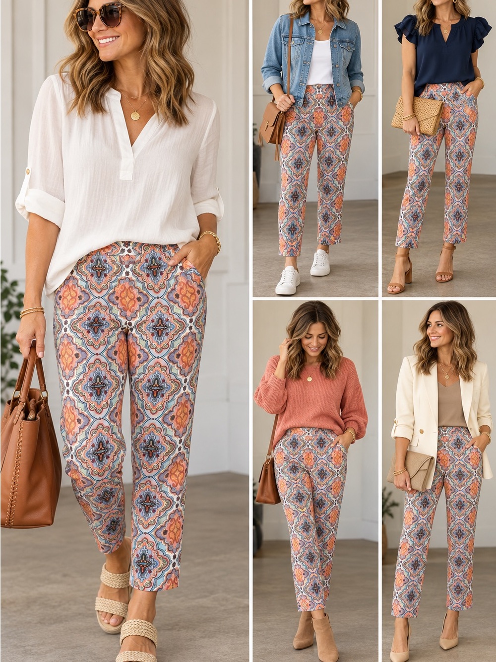 Tile-Print Ankle Pants in Orange Multi